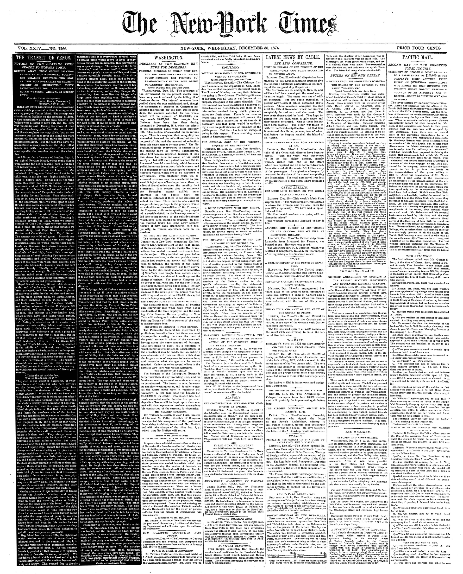 1874년 12월 30일자 뉴욕 타임스 1면