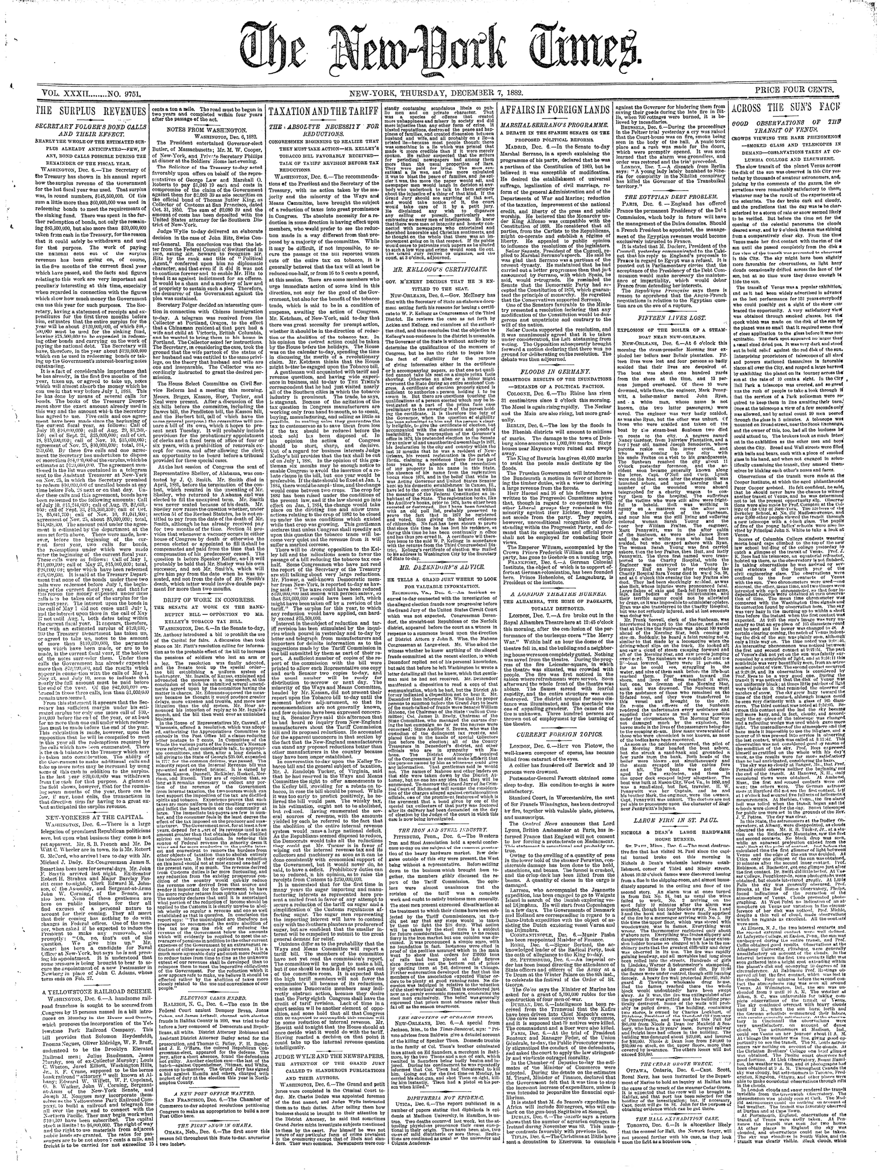 1882년 12월 7일 자 뉴욕 타임스 1면